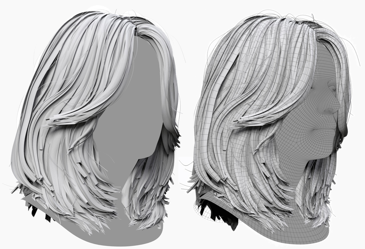 Side-by-side wireframe and shaded model view of a real-time polygonal female hair mesh with middle parting, showcasing mesh topology and hair strand detail. Optimized for HD and SD 3D head scans, this hair mesh is ideal for adding intricate and realistic hair structures in digital modeling applications.